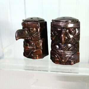 Vintage Bronze  Metal Totem Pole Salt and Pepper Shakers